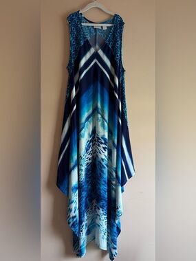 Chico's Blue Multi-Print Asymmetrical Handkerchief Hem Dress